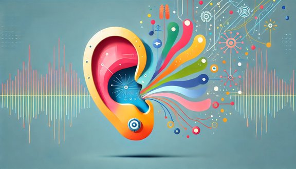 Colourful ear with abstract sound waves and lines