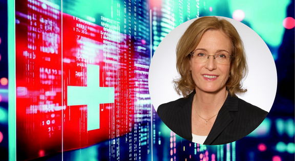 Portrait de Jana Koehler sur fond numérique avec drapeau suisse